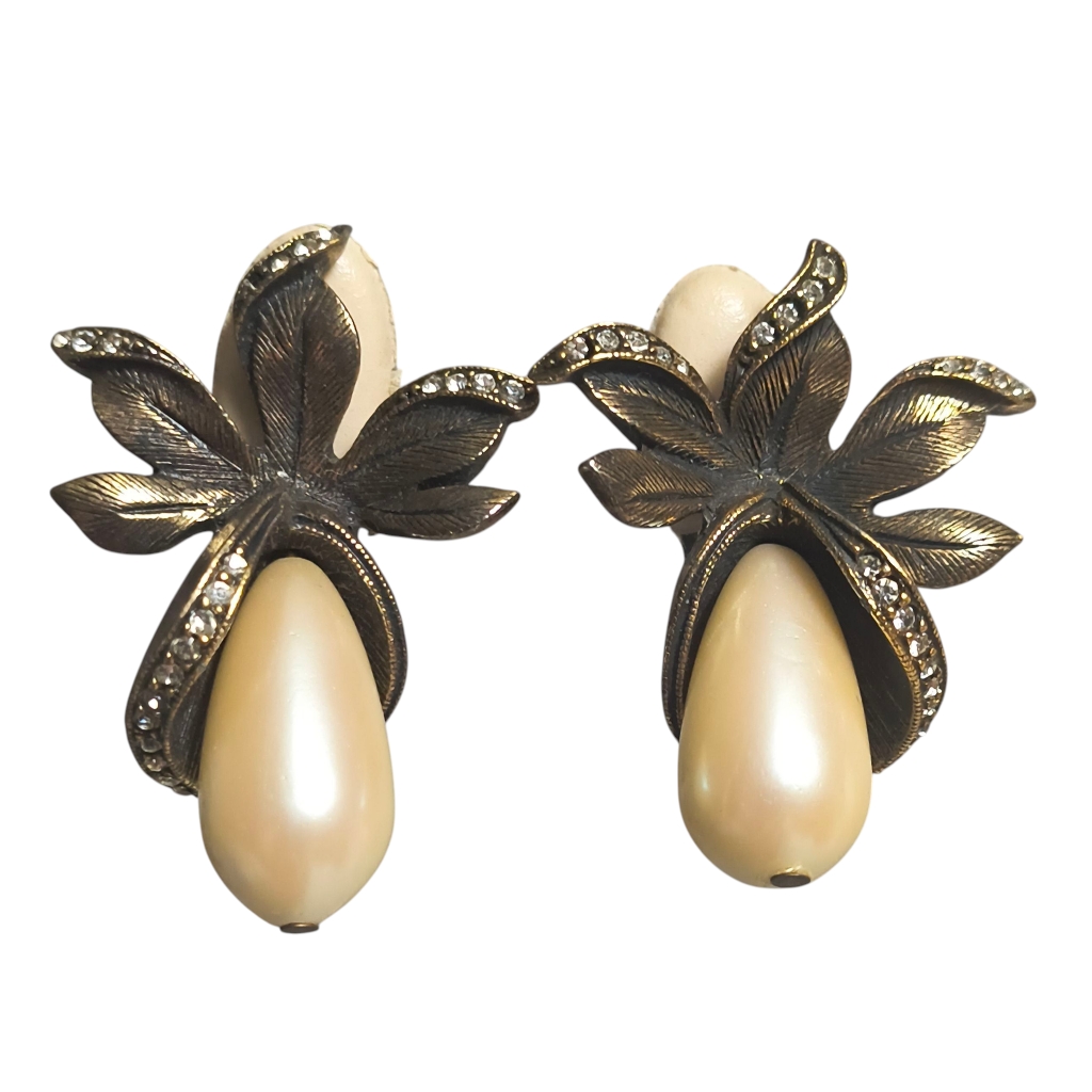 Vintage Les Bernard Clip-On Earrings Faux Pearl Drop & Rhinestone Leaf Design
